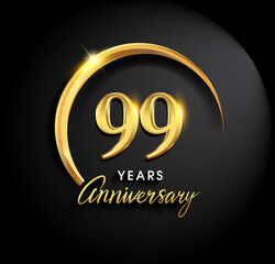 99th years anniversary celebration. Anniversary logo with ring and elegance golden color isolated on black background, vector design for celebration, invitation card, and greeting card