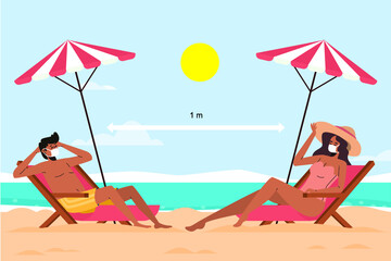 Obraz na płótnie Canvas Couple on the beach at tropical resort new normal concept. Vector illustration of woman and man in underwear with mask. People sunbathing in beach chair. People on summer vacation.