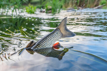 Fish tail in river water with algae. Chub fishing