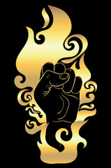 Raised fist in gold flame