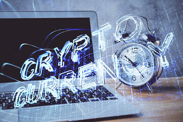 Multi exposure of blockchain and crypto economy theme hologram and table with computer background....