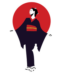 Japanese woman dressed in kimono standing in front of red sun