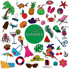 Vector set of summer stickers. Hand drawn summer multicolored icons of doodle style
