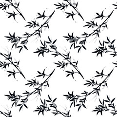 Seamless  pattern with twigs of bamboo on white background. Hand drawn black and white watercolor. Stock illustration in chinese ink painting of plant branches.
