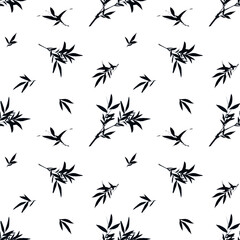 Seamless  pattern with twigs of bamboo on white background. Hand drawn black and white watercolor. Stock illustration in chinese ink painting of plant branches.