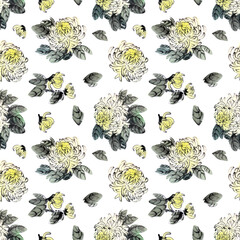 Seamless  pattern with chrysanthemums on white background. Hand drawn watercolor.  Chinese ink painting stock illustration.