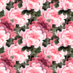 Seamless  pattern with peonies on white background. Hand drawn watercolor.  Chinese ink painting stock illustration.