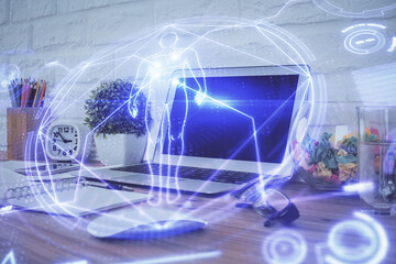 Desktop computer background and education theme drawing. Double exposure. Study concept.