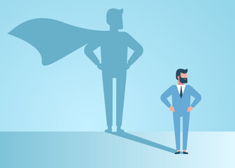 businessman dreams of becoming a superhero. Confident handsome young businessman standing superhero shadow concept illustration