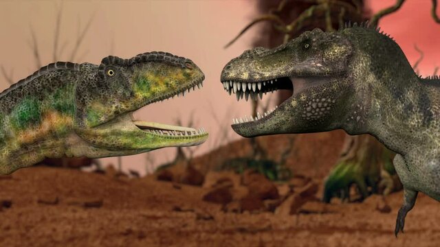 Dinosaur. Prehistoric Jungle, landscape, valley with Dinosaurs. realistic animation and motion