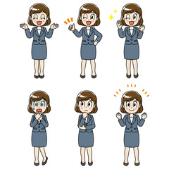 スーツ　女性　ビジネス　リクルート　バリエーション　　全身　立ち姿　ポーズ　仕草　ジェスチャー　
セット　複数　起立　案内　こちら　グッジョブ　親指を立てる　OK ショック　焦る　冷や汗　考える　うーむ　ガッツポーズ  元気　20代　30代　女　社会人　社員　スタッフ　会社員　職業　働く　ビジネスパーソン　スーツ姿　笑顔　アニメ　マンガ　まんが　漫画　キャラクター　かわいい