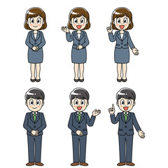 スーツ　男女　ビジネス　バリエーション　セット　男性　女性　立ち姿　ポーズ　仕草　ジェスチャー　複数　起立　リクルート　全身　あいさつ　かしこまる　案内　指差し　説明　紹介　20代　30代　女　男　社会人　社員　スタッフ　ビジネスウーマン　ビジネスマン　会社員　職業　働く　働く人　ビジネスパーソン　キャリアウーマン　スーツスタイル　スーツ姿　マンガ　まんが　漫画　キャラクター　かわいい