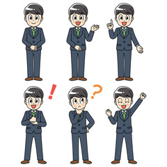スーツ　男性　ビジネス　バリエーション　全身　リクルート　立ち姿　ポーズ　仕草　ジェスチャー　セット　複数　起立　案内　案内　指差し　疑問　解決　手を上げる　説明　紹介　悩む　考える　喜ぶ　  元気　20代　30代　男　社会人　社員　スタッフ　会社員　職業　働く　ビジネスパーソン　スーツ姿　笑顔　アニメ　マンガ　まんが　漫画　キャラクター　かわいい