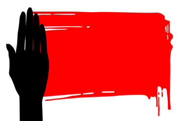 Black silhouette of a female hand smears a red spot isolated on white
