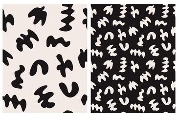 Cute Abstract Geometric Seamless Vector Pattern. Light Cream Hand Drawn Irregular Elements Isolated on a Black Background. Funny Creative Repeatble Layouts. Funny Infantile Style Design.