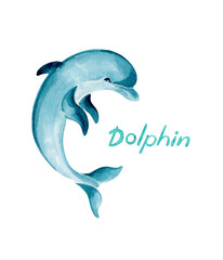 Blue dolphin with lettering. Watercolor illustration isolated on white.