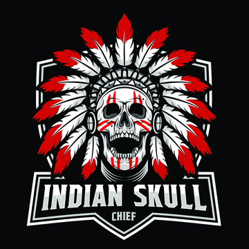 Skull Head Chief Indian, Design Element For Logo, Poster, Card, Banner, Emblem, T Shirt. Vector Illustration