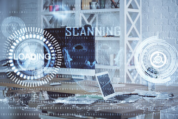 Multi exposure of computer on background and technology theme drawing. Concept of innovation.