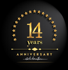 14th years anniversary celebration. Anniversary logo with stars and elegant golden color isolated on black background, vector design for celebration, invitation card, and greeting card