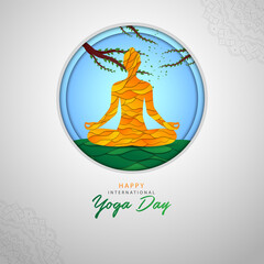 International Yoga Day International day of yoga do exercise or yoga on grey color background in orange yellow paper look layers Tree Grass and sky with 3d depth look in circle for your advertise.