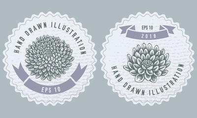 Monochrome labels design with illustration of dahlia