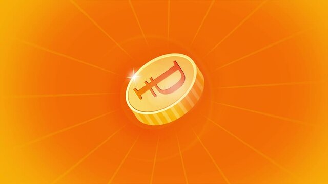 Coin gold ruble rotates on an orange background with rays, looped