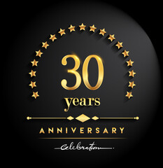 30th years anniversary celebration. Anniversary logo with stars and elegant golden color isolated on black background, vector design for celebration, invitation card, and greeting card