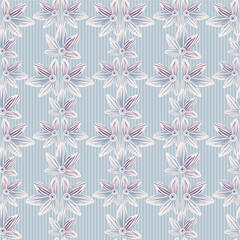 Pastel floral striped seamless vector pattern in blue. Decorative delicate ornament surface print design for fabrics, stationery, wedding gift wrap, textiles, scrapbook paper and packaging,