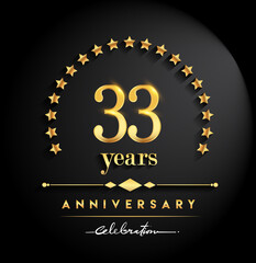 33rd years anniversary celebration. Anniversary logo with stars and elegant golden color isolated on black background, vector design for celebration, invitation card, and greeting card