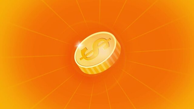 Coin gold dollar rotates on an orange background with rays, looped