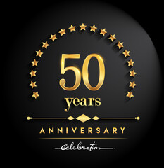 50th years anniversary celebration. Anniversary logo with stars and elegant golden color isolated on black background, vector design for celebration, invitation card, and greeting card