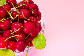 glass bowl full of delicious red cherries on pink background
