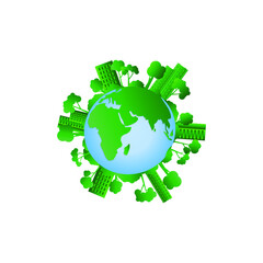 Planet earth with houses, buildings, trees, bushes. Vector illustration, eps 10. Concept: earth day, nature protection, protect the environment, universal, world day.