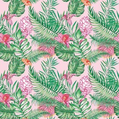 Fototapeta na wymiar Tropical seamless print. With bright exotic flowers and leaves. Great for packaging, fabric and posters.
