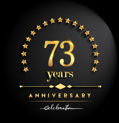 73rd years anniversary celebration. Anniversary logo with stars and elegant golden color isolated on black background, vector design for celebration, invitation card, and greeting card
