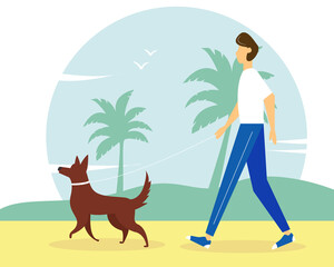 Man walking with the dog on the beach. Cute summer illustration in flat style. 