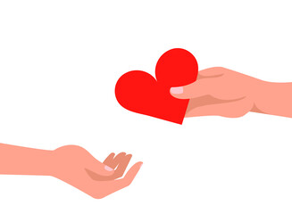 Giving a heart, hand gives a valentine. Concept: valentine's day, declaration of love, acceptance of feelings, giving love. Vector flat cartoon illustration isolated on white background, eps 10.