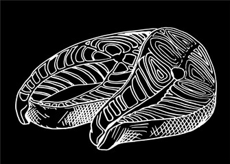 Sketch of fish slices isolated on black background, graphical lined illustration for design 