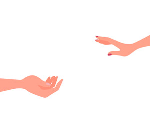 The female hand reaches, gives, takes something from the male hand. Color vector illustration isolated on a white background. Concept: blank for insertion, giving, receiving, feelings, female, male. 