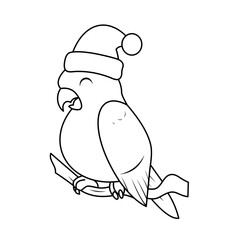 Coloring of Bird Wearing a Santa Hat Cartoon, Cute Funny Character, Flat Design
