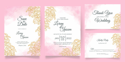 watercolor wedding invitation card template set with floral decoration