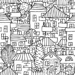 Hand drawn seamless pattern. Vector background. City landscape.