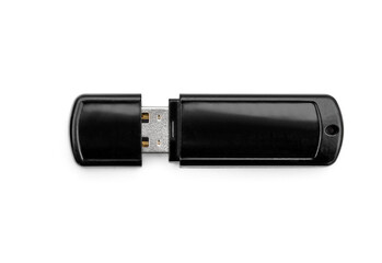 Black flash drive on white background.