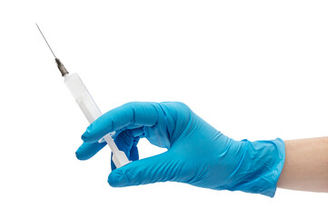 Hand in blue medical gloves holding syringe. Isolated on white.