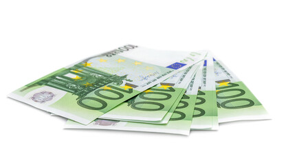 One hundred euro bills on white.
