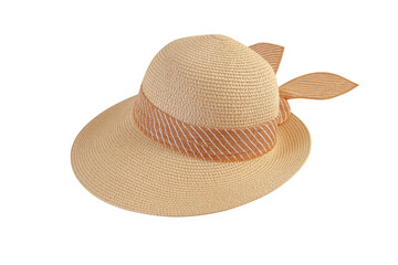 Woven hat with brown decorated with fabric bow tie, isolated on white background with clipping path included.