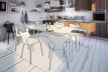 Contemporary Kitchen Area with Dining Room Integration (illustration) - 3d visualization