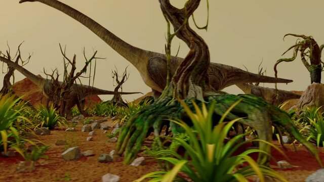 Dinosaur. Prehistoric Jungle, landscape, valley with Dinosaurs. realistic animation and motion