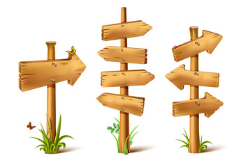 Vector cartoon wooden rustic sings in arrow of direction. Old, retro banner with metal nails for messages or pointers for path finding with butterflies and grass around and realistic shadow.