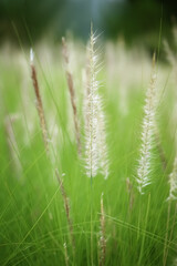 Feather Grass in the meadow inflates the wind. Needle Grass, Selective focus in the grass field